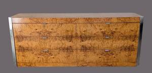 UL - Milo Baughman-Style Burled Wood Dresser with Chrome Accents