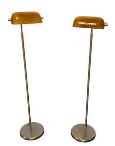 UL - Vintage Amber Glass Floor Lamps - Brass Stands - Pair
