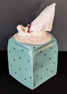 UL - Vintage Signed Ceramic Tissue Box Holder - Teal with Black Dots