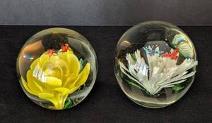 UL - Pair of Floral Art Glass Paperweights - Yellow & White Bloom, 3 in Diameter