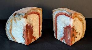 LLR - Agate Geode Bookends - Red & Orange Banding with Crystal Interiors (Pair)