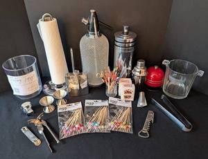 LB - Vintage Barware Lot Moet Petite Liqueur Pitcher, Mumm Stopper, 3 Pkg Oggi Wood Picks