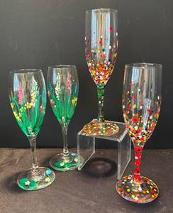 K - Hand Painted Stemware Set - Floral Green & Confetti Dots
