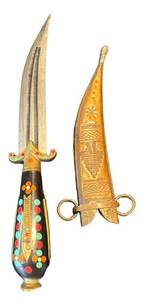 K - Vintage Dagger with Color-Inlaid Handle & Brass Guard - Leather Scabbard