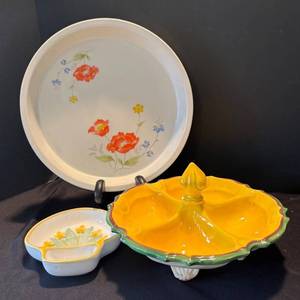 P - Floral Ceramic Serving Set - Floral Plate, Yellow Pedestal Compote, Small Two-Section Dish
