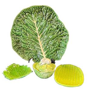 P - Leaf-Lettuce Pattern Ceramic Serving Platters & Bunny-Lidded Lettuce Bowl
