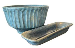 P - Blue Glazed Pottery Bowl & Tray by Millner and More