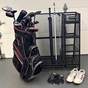 G - Golf Bag with Adams Golf & TaylorMade Clubs in Suncast Organizer with FootJoy Shoes