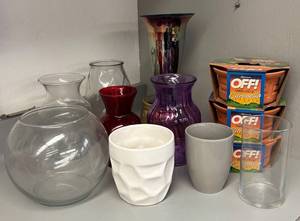 G - Assorted Glass Vases & OFF Citronella Candles
