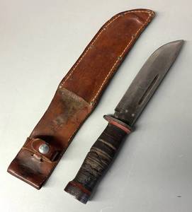 G - Vintage Bowie Knife with Leather-Wrapped Grip and Sheath