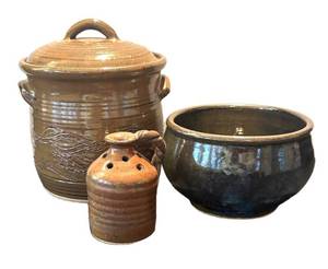 DR - Stoneware Canister, Glazed Bowl & Small Perforated Jar