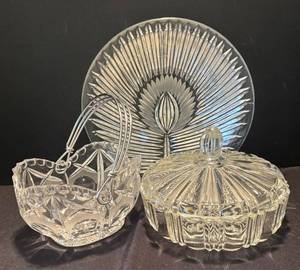 DR - Crystal and Clear Glass Platter with Basket & Covered Candy Dish