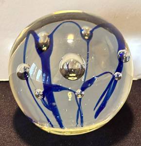 K - Handblown Glass Paperweight - Blue Swirl with Orbs