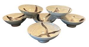 DR - Six Pottery Bowls - Beige Glaze with Dark Brown Slip