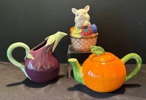 DR - Purple Ceramic Pitcher, Orange Citrus Teapot and Fitz & Floyd Salt & Pepper Shaker Set