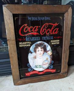 VINTAGE 1970S COCA-COLA GLASS SIGN BRAIN TONIC 19X15 WOODEN FRAME