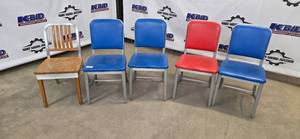 Good Form Aluminum Chairs (Lot of 5) - 3 Blue Vinyl, 1 Red Vinyl, 1 Wood Seat