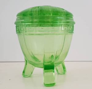 Vintage Vaseline Glass Flower Frog wLid