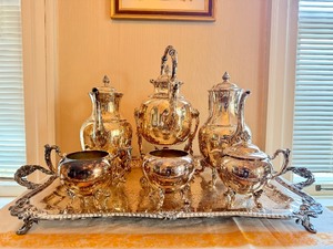Ornate Antique Hallmarked Silver Plated Tea Service Set w/Tray