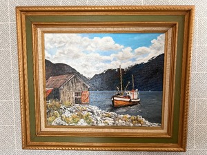 Very Nice Vintage Oil on Canvas Board Mountain Lake Landscape Scene&nbsp