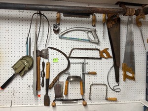 Contents of Wall - Tools, Vintage Woodworking Draw Knives, Saws, Folding shovel etc