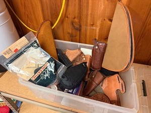 Box Full of Leather Gun Holsters Pistol Cases etc