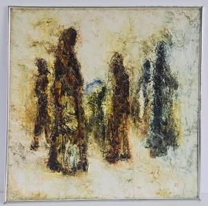 Excellent Signed Mid Century Oil on Canvas Painting Sardinian Women by Vida Juse