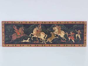 Excellent Original Antique Tiger Hunt Painting on Carved Wood Panel