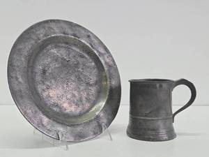 Early Antique Pewter Plate &amp Tankard