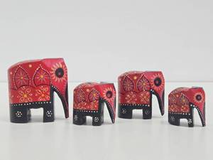 Set of Small Vintage Carved Wood &amp Painted Elephants