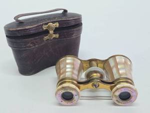 Antique Brass &amp Mother of Pearl French Opera Glasses wLeather Case