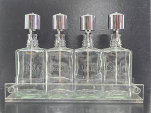 Antique Etched Glass Backbar Liquor Bottle Set wVintage Lucite Holder