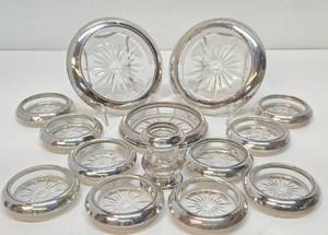Large Set of Vintage Sterling Silver on Glass Coasters or Ashtrays etc
