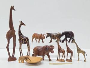 Collection of Carved Wood Animals &amp Brass Giraffe