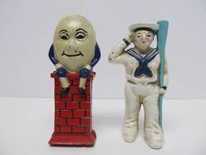 2 Heavy Cast Iron Coin Banks - Sailor &amp Humpty Dumpty