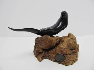 Signed JOHN PERRY Seal Sculpture on Burled Wood Base