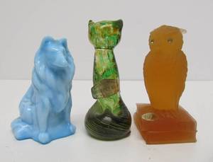 3 Vintage Mid Century Glass Animals - Dog Cat &amp Owl