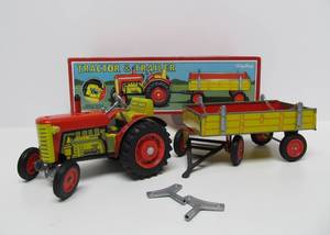 Mint in Box Tin Litho Schylling Tractor &amp Trailer Windup Toy