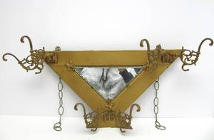Original Antique Triangular Gilt Metal Hat Rack wMirror