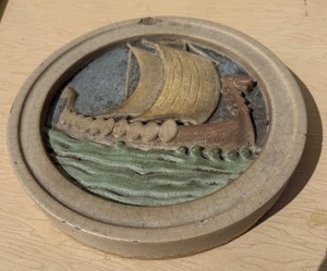 Exceptional Antique ROOKWOOD Faience Large Round Medallion Plaque wViking DragonDrakkar Ship&nbsp