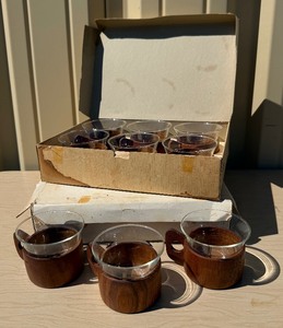 2 Sets of NOS Mid Century Teak &amp Glass Mugs by Schott - Made in Denmark