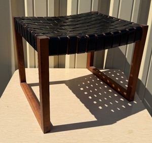 Excellent Mid Century Woven Leather &amp Teak Ottoman  Stool