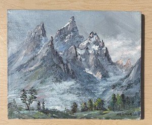 Very Nice Small Vintage 1950s era Oil on Canvas Painting by A.B. Teater - Storm in the Tetons