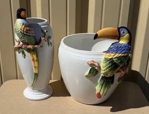 2 Large Vintage Italian Capodimonte  Ceramic Vases wBirds