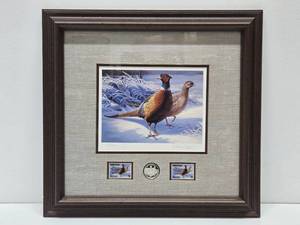 Framed Signed Numbered Daniel Smith Pheasant Print w 12oz .999 Pure Silver Coin