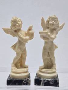 2 Vintage Santini Angel  Cherub Sculptures on Marble Base