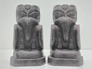 Vintage 1960s Argillite Stone Carved Alaskan Bookends by Amos Wallace