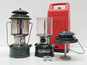 2 Vintage COLEMAN Lanterns - One wRed Travel Case