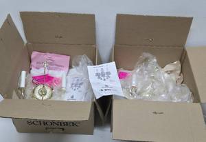 Pair of New in Box SCHONBEK Brass Light Fixtures wSwarovski Crystal