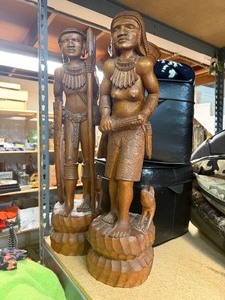 Pair of LARGE &amp Wonderful Filipino Hand Carved Wood Figures - Igorot Hunter &amp Tribeswoman - Approx 30